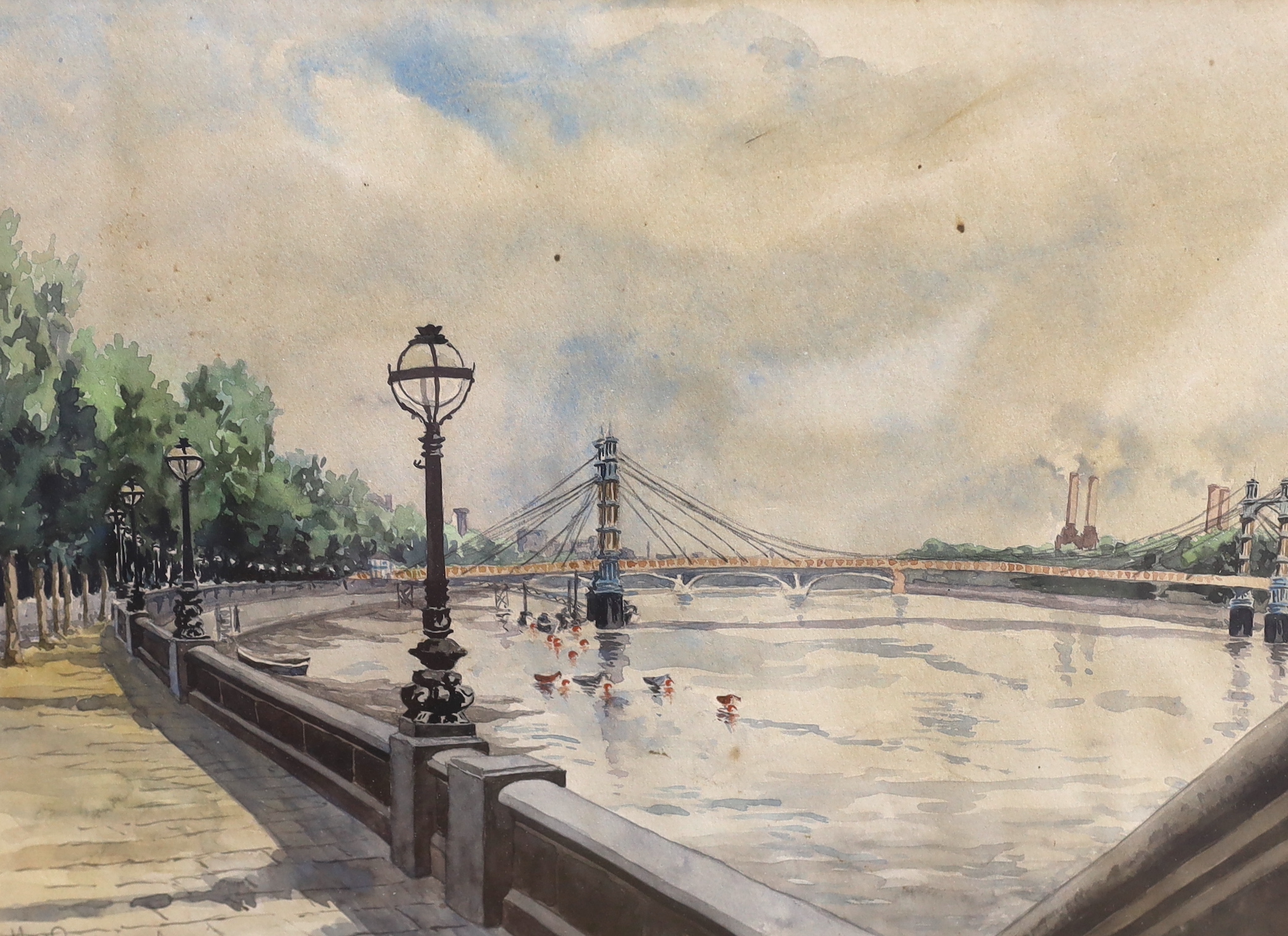 M. C. Bernard, pair of watercolours, 'From the steps of Battersea Bridge', signed, 24 x 32cm